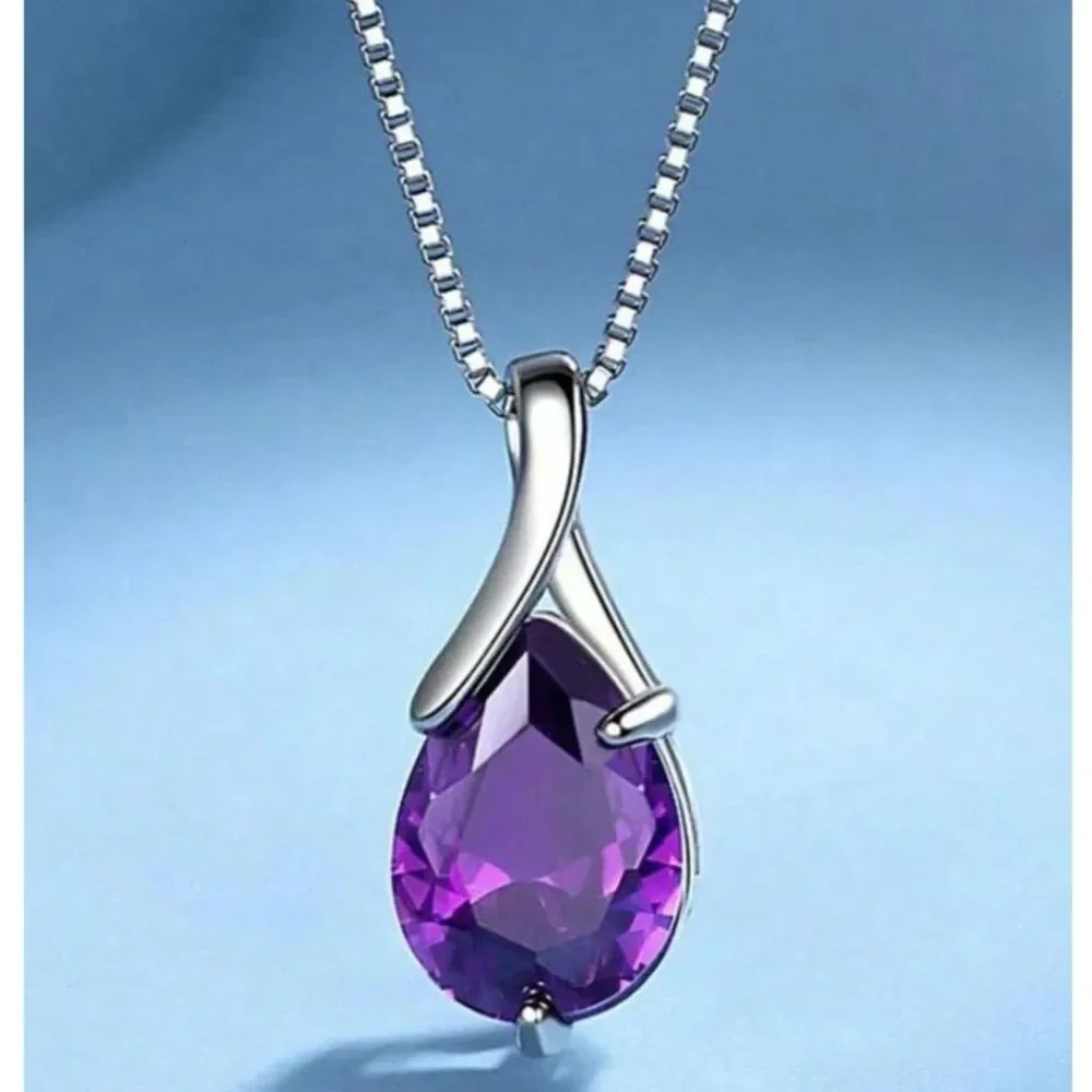 Silver Teardrop Amethyst Purple Crystal Pendant Necklace Gemstone Charm Elegant